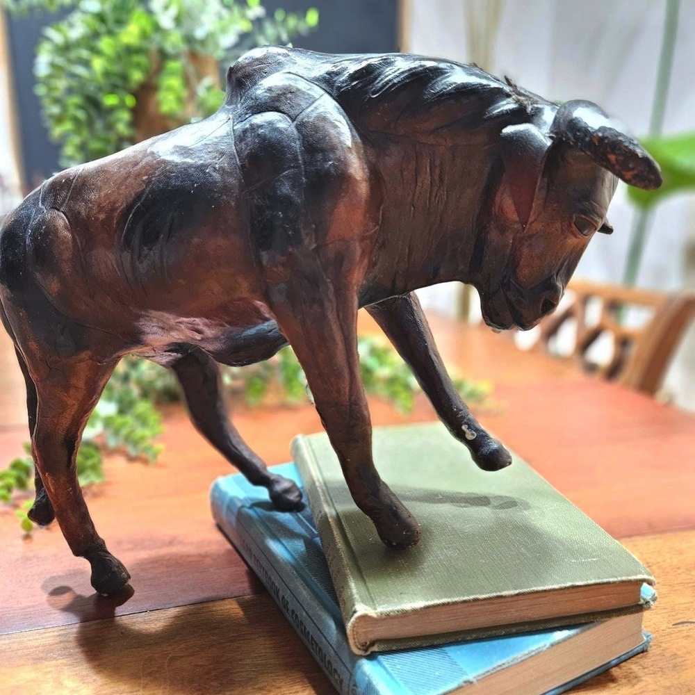 Vtg Handcrafted Leather Bull Figurine Sculpture Made in India Rustic Decor 12"
